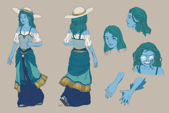 Digital art of a triton girl from Dungeons and Dragons. She has blue skin, arm fins, and is wearing a sun dress with many blue and green skirts. Pearls and gold ribbons are braided into her hair.