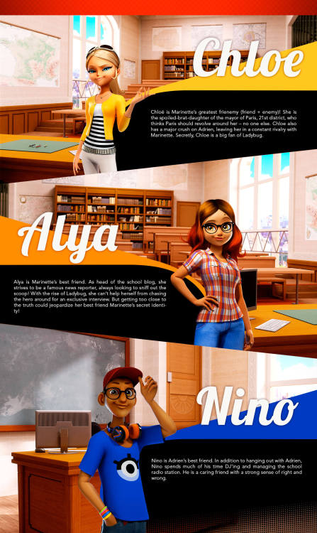 miraculeusecoccinelle:  Character descriptions of the cast of Miraculous Ladybug! Featuring Ladybug, Marinette, Adrien, Cat Noir, Tikki, Plagg, Chloe, Alya, and Nino!Visit the official Ladybug sitehttp://www.miraculousladybug.com/