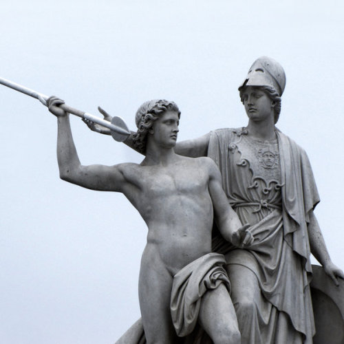 estoualem: Athena arms the warrior by Karl Heinrich Möller, 1851 //  Athena instructs the young man in the use of weapons by Hermann Schievelbein, 1853 // Athena leads the young warrior into the fight by Albert Wolff, 1853   // Athena protects the