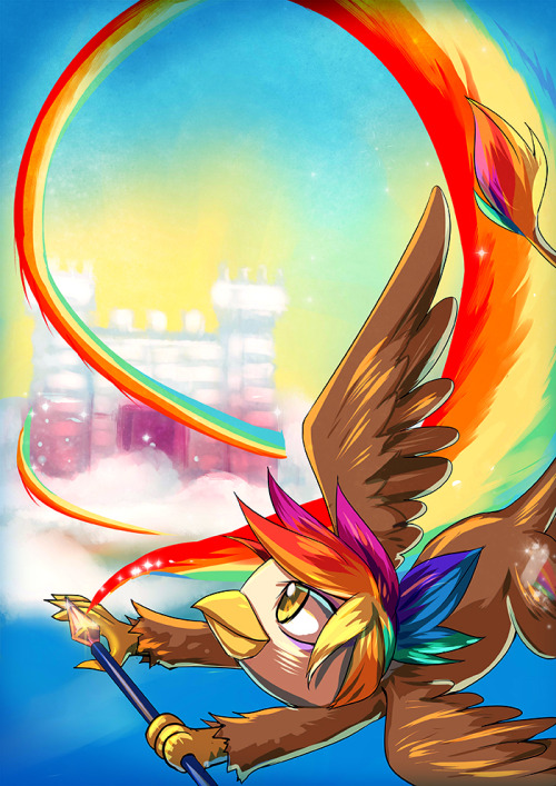 rainbowfeatherreplies:  (Art by Bakki)   The young griffon Rainbow Feather dipped her wand in the ink, absorbing it in, then leapt into the air. The cloud castle was done, but somehow she knew it could be made better, more colorful. Blazing her wand,