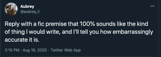 iiterative:scarletjedi:iidigestive-readerii:ajoblotofjunk:Let’s do this. Instead of replying, though, send me an Ask.   Yes, do it!!! you can ask me too! [id: a tweet reading “Reply with a fic premise that 100% sounds like the kind of  thing I would