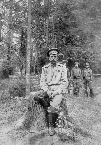Under guard, dethroned Tzar Nicolas II sits on a tree stump, Russia