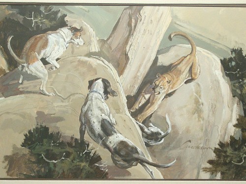 antiqueanimals:Dennis Anderson (1940-2005), Cougar Hunt, watercolors. 