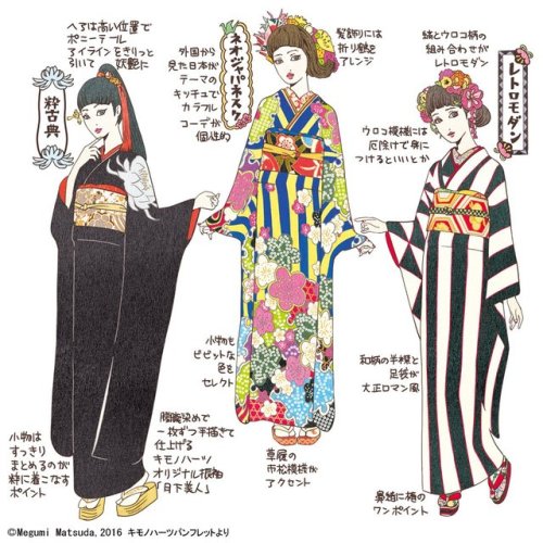 Lovely furisode styles comparison by @kimonobancho, with from left to right: Classical (sleek and re