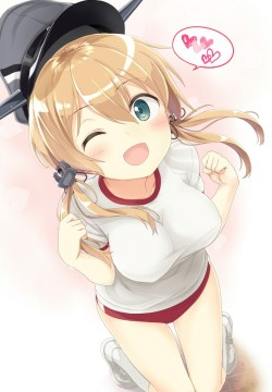 艦隊これくしょん、プリンツ・オイゲン（艦これ）、prinz eugen、えんぎよし、❤、ウインク、ハッピー、ブルマー、ロングヘア、ショートヘア、ツインテール、spoken heart、一人、体操服、女一人、帽子、擬人化、片目閉じ、緑目、赤面、金髪