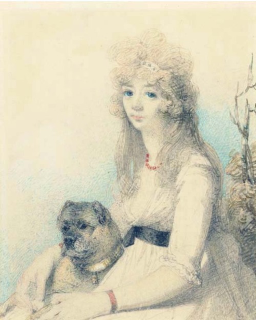 Portrait of Lady Elizabeth Stanley with her dog, half-length, seated by George Chinnery, possibly la