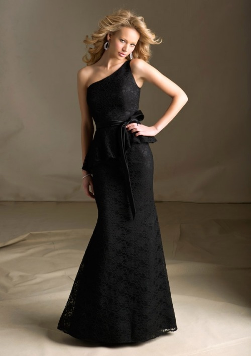 One Shoulder Black Lace Peplum Floor Length Bridesmaid Dress