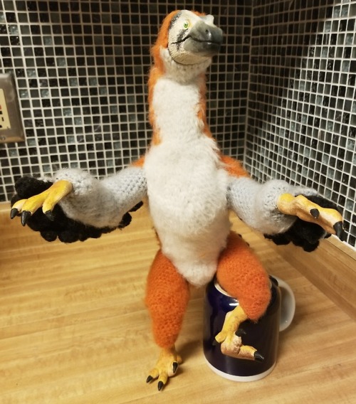 asleepymonster: Velociraptor doll made from sculpy and crocheted parts. It’s coloration is bas
