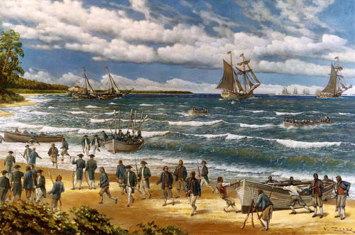Continental Marines land ashore at Nassau, 1776.