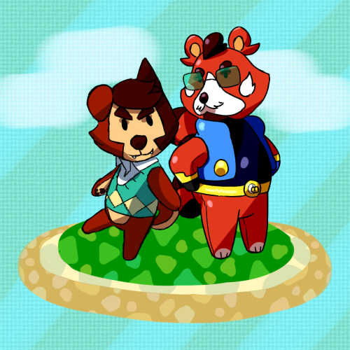 shinyreuniclus:  woo so i drew @flemishdog and me as animal crossing neighbors and it turned out super cute thank you, god….. his animal crossona™ is a red panda who is also inflatable plastic and loves space furniture thanks for asking and mine is