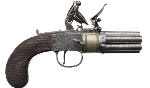 A seven barrel flintlock revolving pistol crafted by H. Nock of London, late 18th or early 19th cent