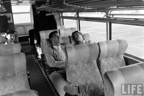Newlywed couple (and stewardess) on a Trailways bus as part of a TV promotion (Allan Grant. n.d.)