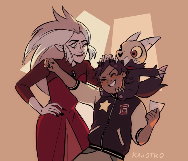 Luz punching the air in a victorious pose with Eda smiling at her and tussling her hair and King sitting on her shoulders