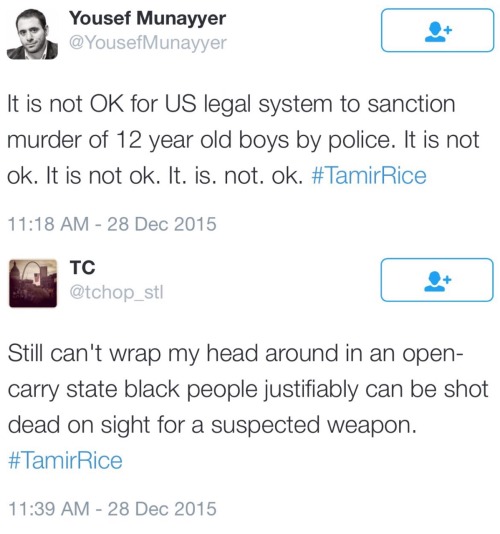 dashbeardconfessional:  odinsblog:  There is no excuse whatsoever for Timothy Loehmann shooting 12-year old Tamir Rice after less than two seconds. And certainly not in an open carry state. The police made up their minds to shoot to kill long before they