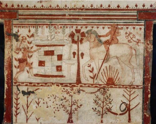 famousartthroughhistory:Tomb of the Bulls, Troilos at the fountain, fresco, Tarquinia, ca. 540 BCE