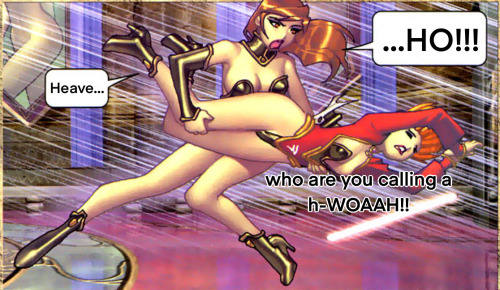 panel from X-Men Phoenix: Legacy of Fire from Marvel Comics/Marvel Max showing a brunette white woman in a black bra grabbing onto a red haired woman in a red bustier with a red jacket and thong, the brunette is holding her like a guitar as she flies past her, and the brunette's legs are pointed in at the knees like she's rocking on a guitar, the word bubbles are filled in "Heave... HO!!!" & the girl being held says "who are you calling a h-WOAHHH!!!"