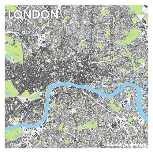 10km x 10km British city squares displaying the urban fabric, including parks and water.Details and 