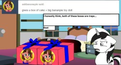 askbeatandfus:  Fus: For buck sakes Beat!!! Its Just a toy and cake… Most likely Banana Flavored. Beat: Bananas are evil just like tables! Mod: .__.” What? (Thanks askbananapie for putting this pony in fear again…! )  x3!