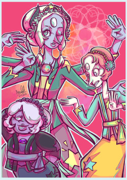 miketryoshka:  more Steven Universe Prints for the upcoming cons! this time Amethyst, Pearl and Opal dancing the Jaipong Dance uou you bet I had a blast designing their costumes and yeah it took me like very very long to finish this because I got sick,
