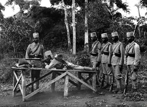 Askari soldiers practice rifle shooting, German East Africa (now Tanzania), World War I.