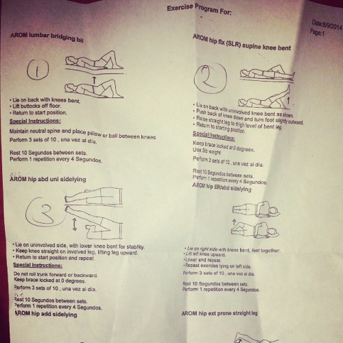 For the stupids who need visual. Exercises aside from attempted Ankle circles and up/down motion (which I can’t fucking do AT ALL!) as prescribed are: Lumbar Bridging (Hip Thrust), Hip Abduction Uni Side-lying and Supine Knee Bent. 3 by 10 reps.