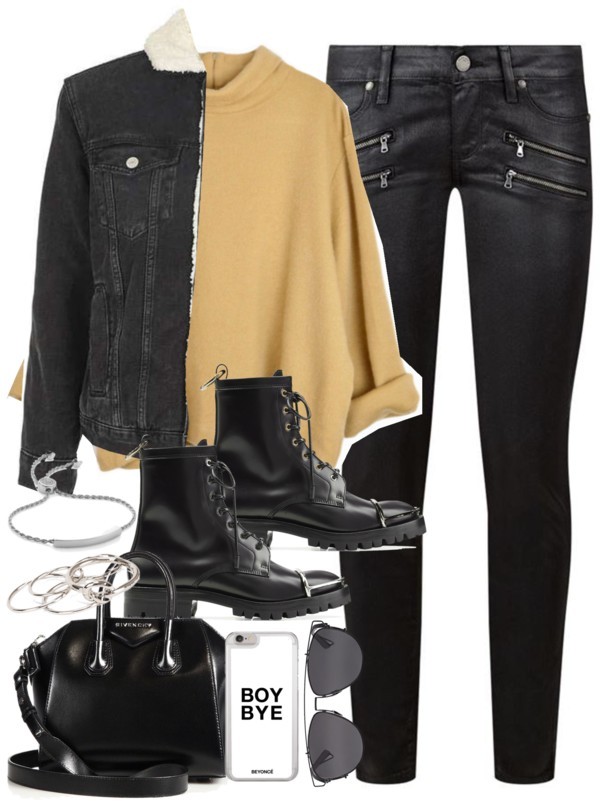 Outfit for winter with a mustard jumper by ferned featuring oversized tops
Oversized top, £43 / Topshop oversized jean jacket / Paige Denim zipper jeans / Alexander Wang chunky heel booties, £710 / Givenchy mini satchel, £1,440 / Monica Vinader...