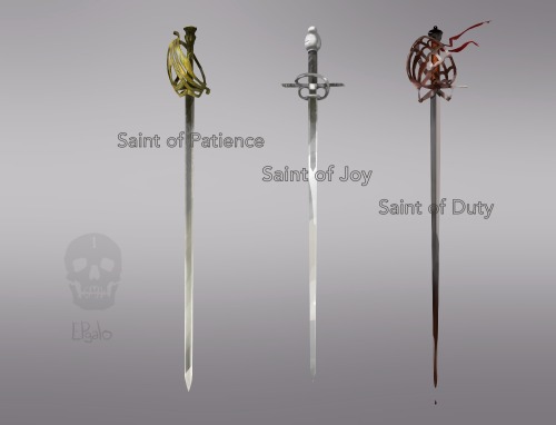 [id: drawings of three rapiers with attributed text: first, Saint of Patience, the rapier with brigh