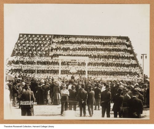 An American flag made by school children in honor of Theodore Roosevelt’s visit to Hot Springs