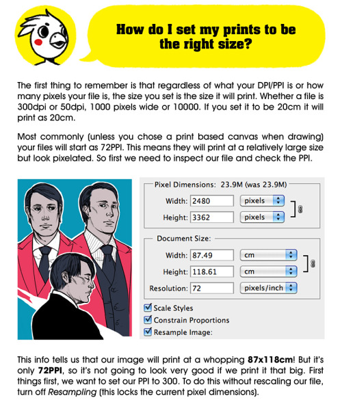 devkimiko:  Adventures in printing Part 2. It’s really long because there’s no easy way to explain these things. Today we look at some printing terms and how to size your files for print! Part 1 (Colourspace) here.   I know some people that would