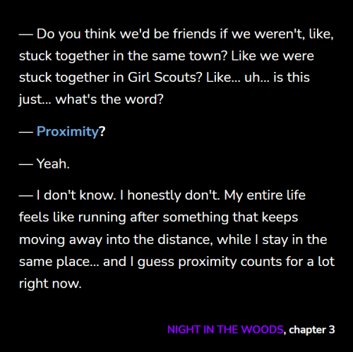 woodlesbian:fatallist:on childhood friendship: (1) / (2) / (3, 4) night in the woods (2017) / (5) / 