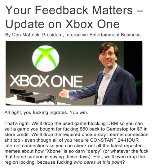dorkly:  Don Mattrick’s First Draft of the Xbox One Update Announcement  Microsoft really need