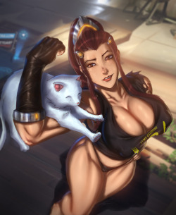 ultamisia:  Brigitte Kitty Workout    I got all her achievements and she does have a small learning curve,  mainly because: she is’t a fully blown healer and not a defense class  like Reinhardt, yet people still play her as much and expect her to be