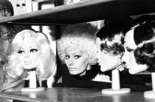 vintageeveryday:Sophia Loren wearing completely different wigs by Alexandre of Paris in Sunflower (1