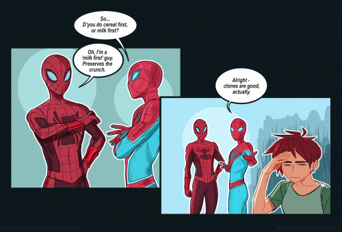 brakken-spideyverse: Peter discusses important topics with Ben Reilly. MJ did not ask for this.