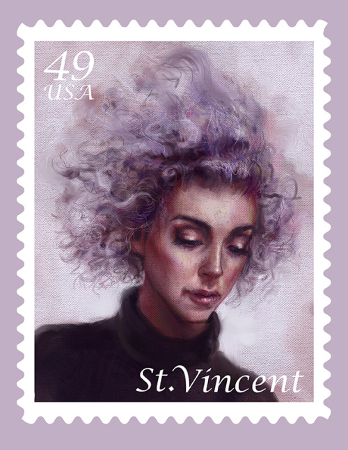 dinablokhina:  St. Vincent A stamp I painted depicting Annie Clark, known better by her stage name St. Vincent. She is a talented musician who’s making waves with her unique style of unsettling pop music. 
