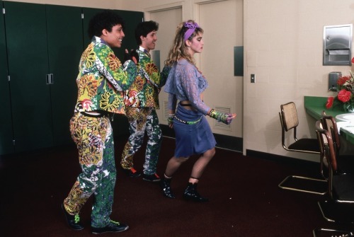  Madonna and her dancers backstage during the Virgin Tour at the USF Sun Dome in Tampa on May 9, 198