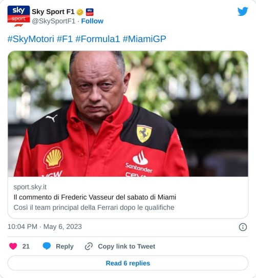 #SkyMotori #F1 #Formula1 #MiamiGP https://t.co/HsUlkSUYAg  — Sky Sport F1 (@SkySportF1) May 6, 2023