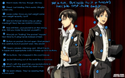 onorobo:  shaku-beito:  Fullsize here Because I have too much time on my hands and neck ties on a “white tie tuxedo” evoke girlish, frightened screaming from me, I decided to critique these erm…. interesting sartorial decisions from the SNK boys.