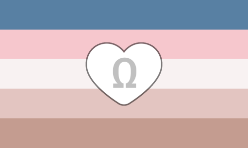 A 5-striped flag that from top to bottom is colored desaturated blue, pastel pink, off-white, pale pink-brown, and light pink-brown. In the center is a white heart with a pale Omega symbol inside of it. 