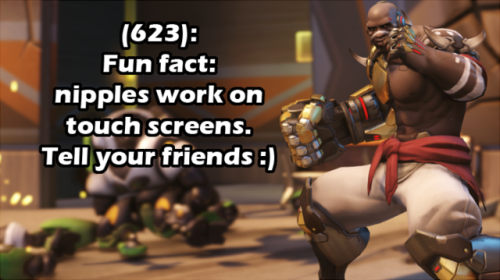 [Image Description: A medium shot of Doomfist. There is text that reads (623): Fun fact: nipples wor