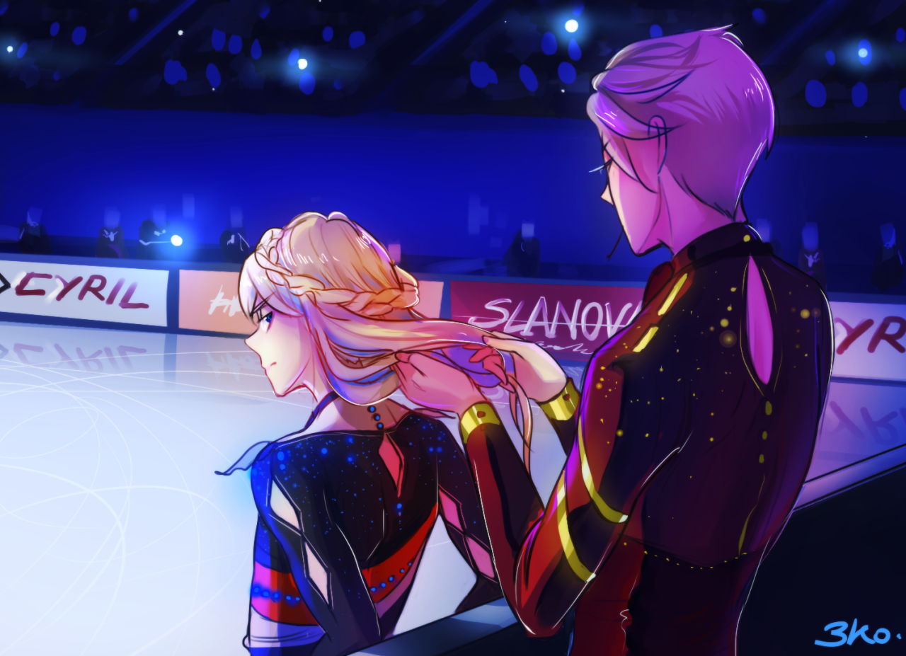 3-ko:  ミ　-　Viktor fixing Yurio’s long hair right before a competition. 3