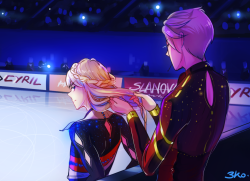 3-Ko:  ミ　-　Viktor Fixing Yurio’s Long Hair Right Before A Competition. 3