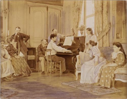 Claude Debussy playing the piano at Luzancy,Ernest Chausson turning the pages and Henry Lerolle look