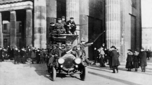 The German Revolution, November 9, 1918. The Kaiser is swept away and a republic proclaimed.