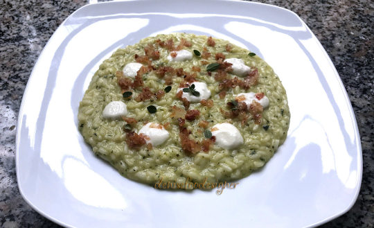 RISOTTO WITH ZUCCHINI PURÉE , GOAT CHEESE AND GUANCIALE CRUMBS – Denise Ippolito