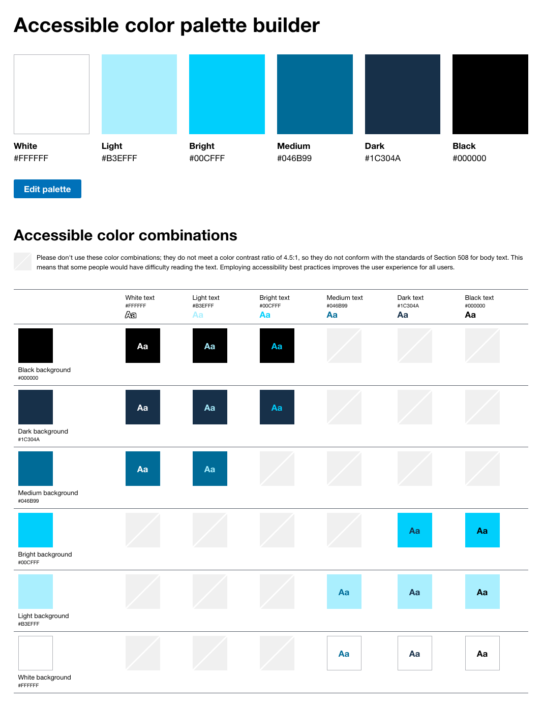 Decodering accessible color palette builder