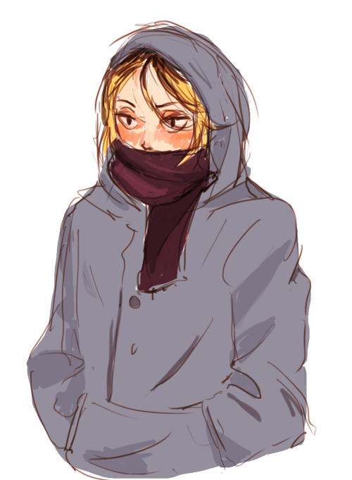 maidessiner:smoll cold bean[id: two versions of the same illustration of kenma. he’s huddled u
