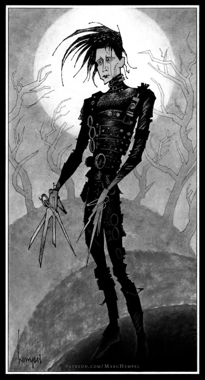 Edward Scissorhands … a private commission from 2016. India ink, charcoal, and graphite on 2-