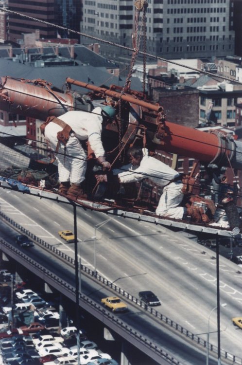 bm-photo-collection: Re coating of the Main Cable of the Brooklyn Bridge, James Rudnick, 1988, print