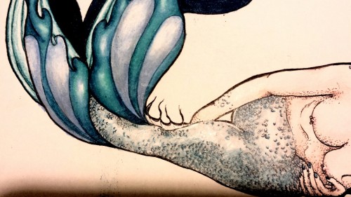ryefaceupintherain:  Crapy cell phone pic. Buuuut I drew a mermaid character of kweenie! Her hair was so fun to draw. And the pose just said she needed to be blue. Hope you like it! If you wanna be a mermaid too just message me. 